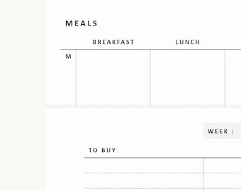 May include: A white paper meal planner template featuring black text and grid lines. The top section is labelled MEALS with columns for BREAKFAST and LUNCH. The letter M is visible in the first row. The bottom section is labelled TO BUY and WEEK.