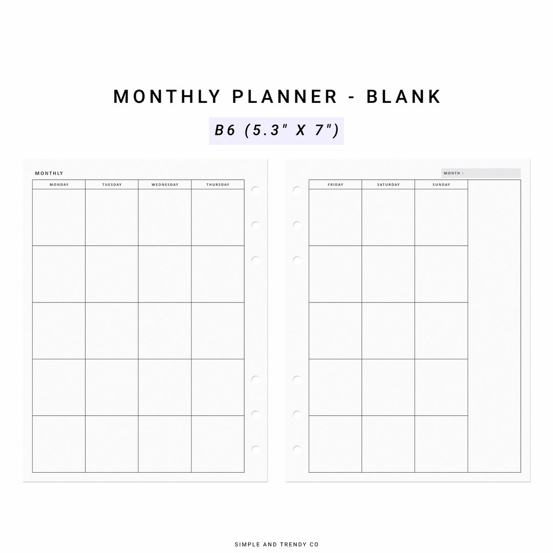 Monthly Planner Printable B6 Inserts Agenda Monthly Planner - Etsy