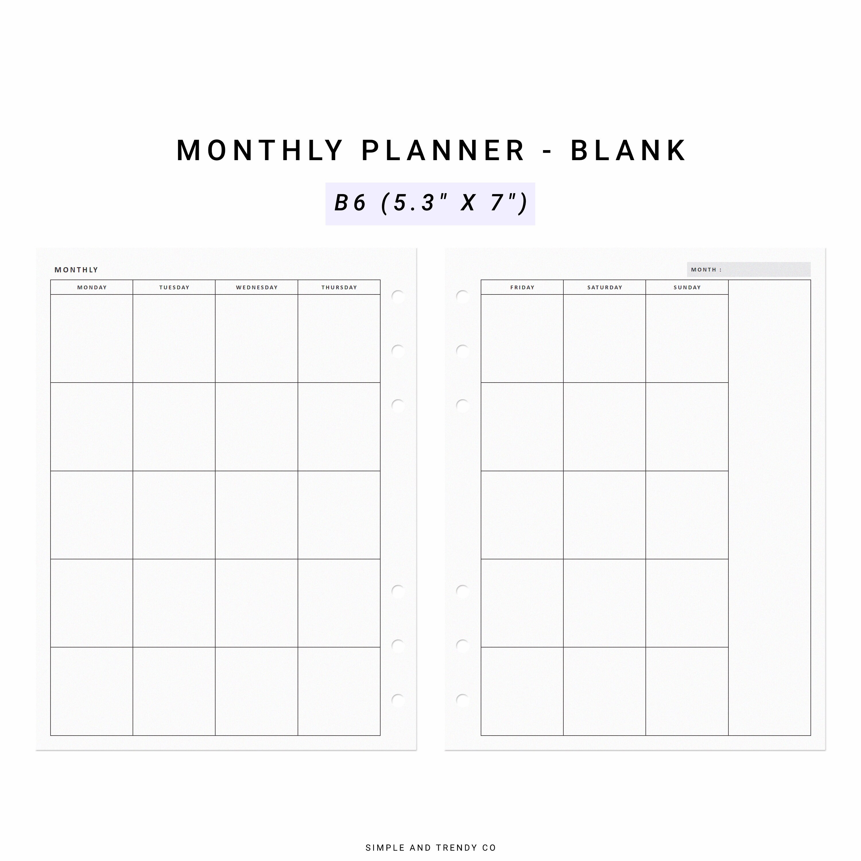 Monthly Planner Printable B6 Inserts Agenda Monthly Planner - Etsy