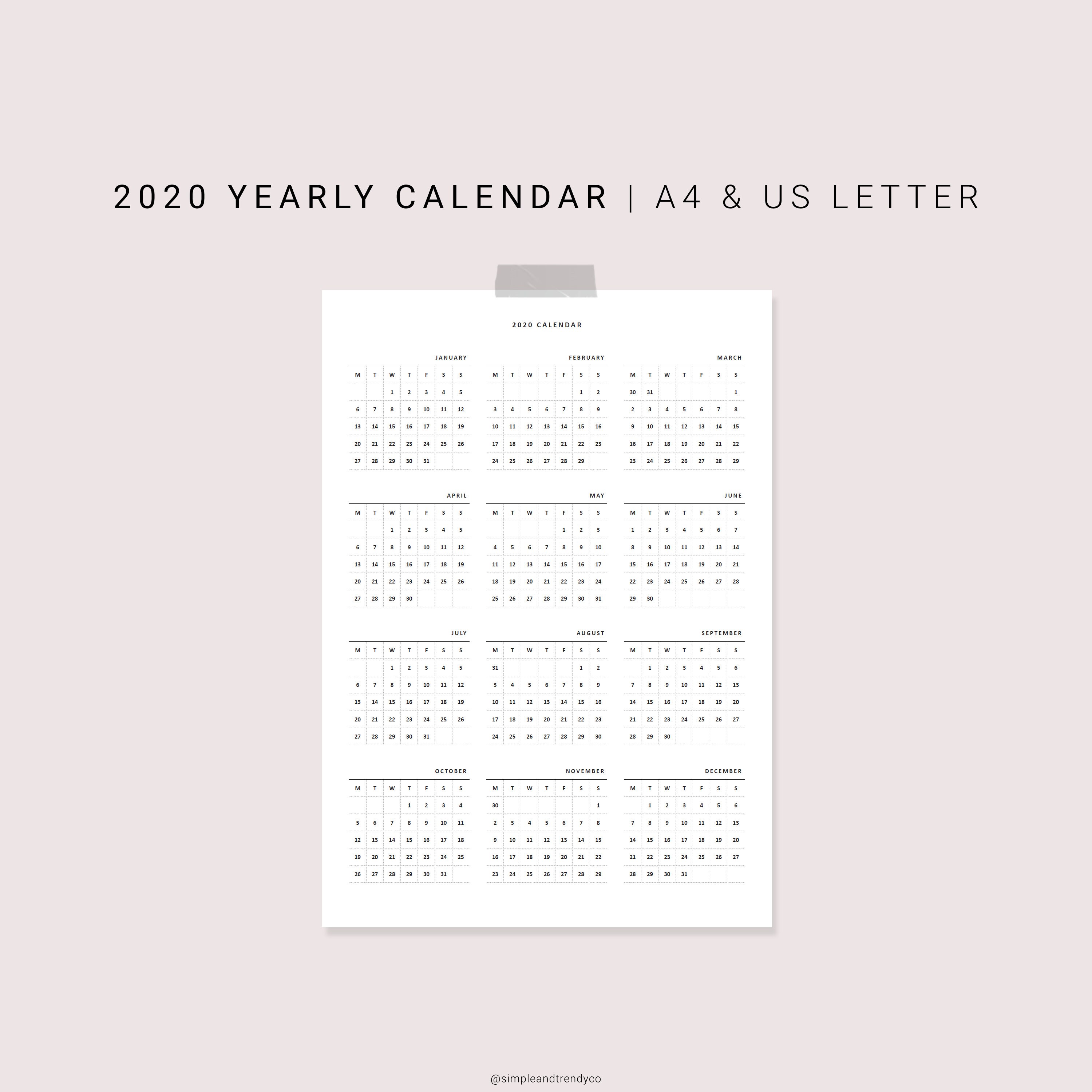 A4 US Letter size Calendar Printable 2020 Calendar Sunday Etsy
