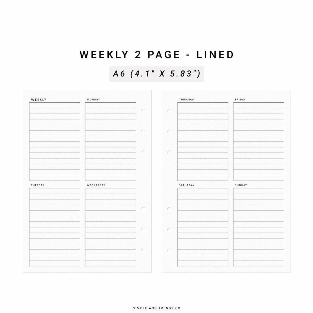 Week on 2 Two Pages A6 Inserts , Weekly Agenda Vertical Weekly Planner ...