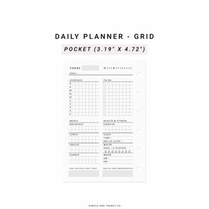 May include: A white daily planner grid insert measuring 3.19 inches by 4.72 inches with six binder holes on the right side. The layout includes sections for schedule, to-do list, meals, health, fitness, sleep, water intake, and daily reflections.