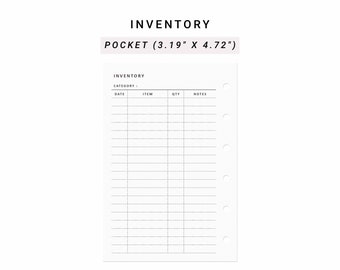 Könnte beinhalten: Ein weißer Inventar-Planer-Einleger im Taschenformat mit den Maßen 8,1 cm x 11,99 cm. Die Seite enthält die Überschrift INVENTORY, eine Kategoriezeile und eine Tabelle mit Spalten für DATE, ITEM, QTY und NOTES sowie sechs Ringbuchlöcher.