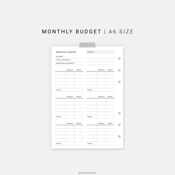 Budget Planner Printable A6 Inserts Monthly Budget Template Etsy