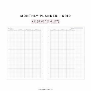 May include: A black and white grid monthly planner in A5 size, measuring 5.83 inches by 8.27 inches. The planner has a grid layout with days of the week labeled at the top.