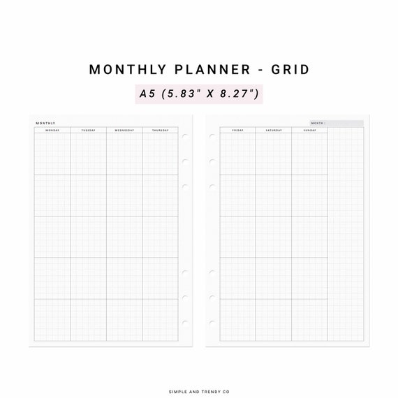 Monthly Planner Printable Minimalist Planner A5 Planner Inserts, Undated Month on Two Pages Monday Sunday Start, Month at a glance