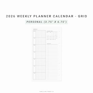 May include: A white 2026 weekly planner calendar grid with the text "2026 WEEKLY PLANNER CALENDAR - GRID" and "PERSONAL (9.5cm X 17.1cm)". The planner includes a weekly schedule, a checklist, and a calendar for January 2026.