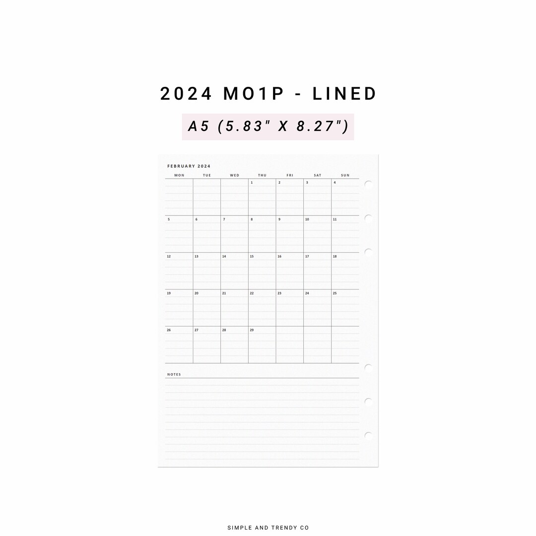 2024 Month on One Page MO1P A5 Planner Inserts Minimalist Etsy