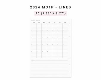 2024 Month on One Page MO1P, A5 Planner Inserts, Minimalist Monthly Planner Printable, At A Glance Monthly Layout