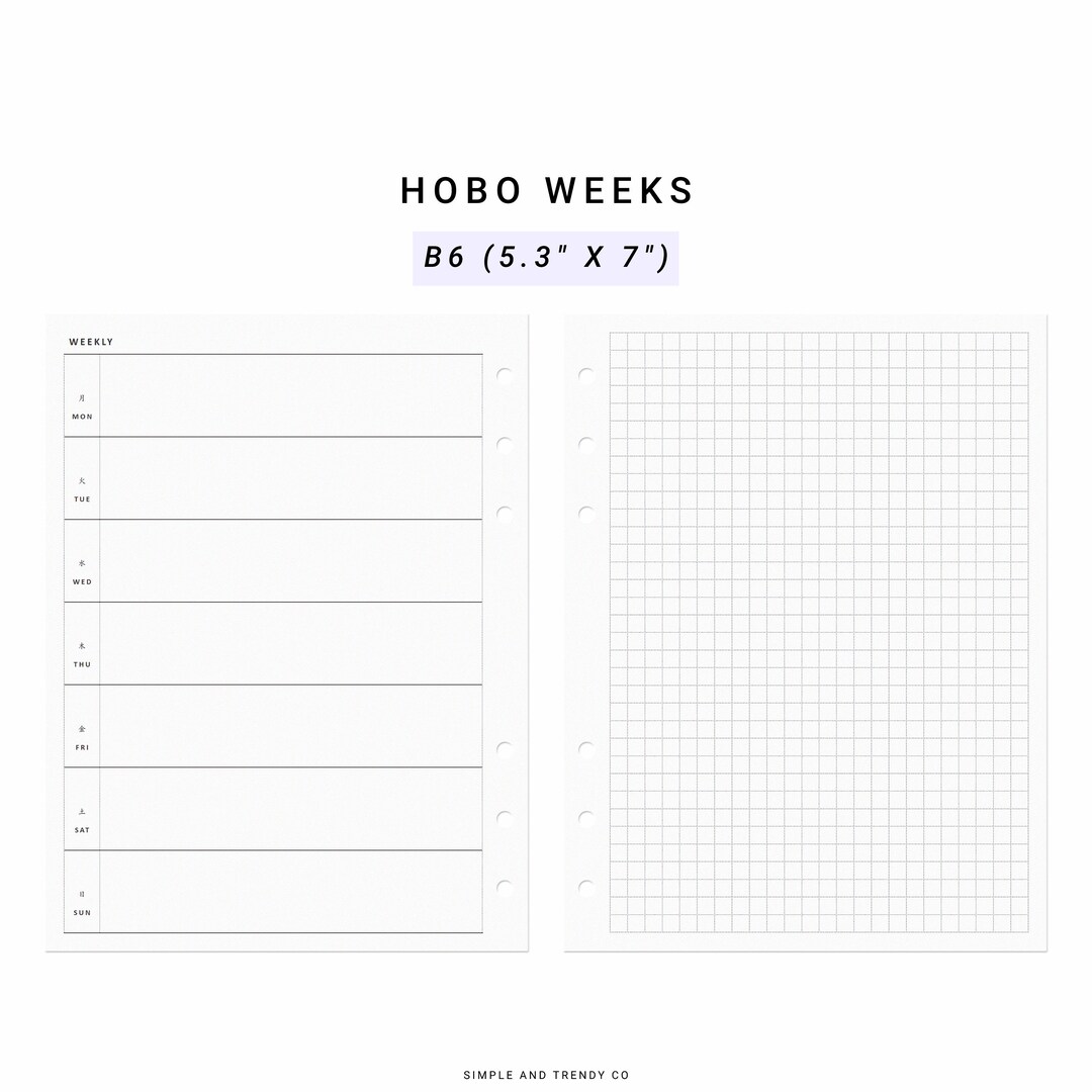 Undated Hobo Weeks Printable B6 Inserts, Weekly Planner Template ...