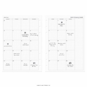 May include: A monthly planner with a grid layout for January 2018. The planner has handwritten notes for each day of the month, including events like "uncle Bill's birthday", "Ray's food truck opening", "Exam CHE 9409", "DAH 5478 due date", "Exam YUW1987", "Exam UH2134", "study group @ 11am", "go to the movie with Stacey", "Meetup with Suzie", "dinner with family", "soccer practice", and "shopping for new shoes".