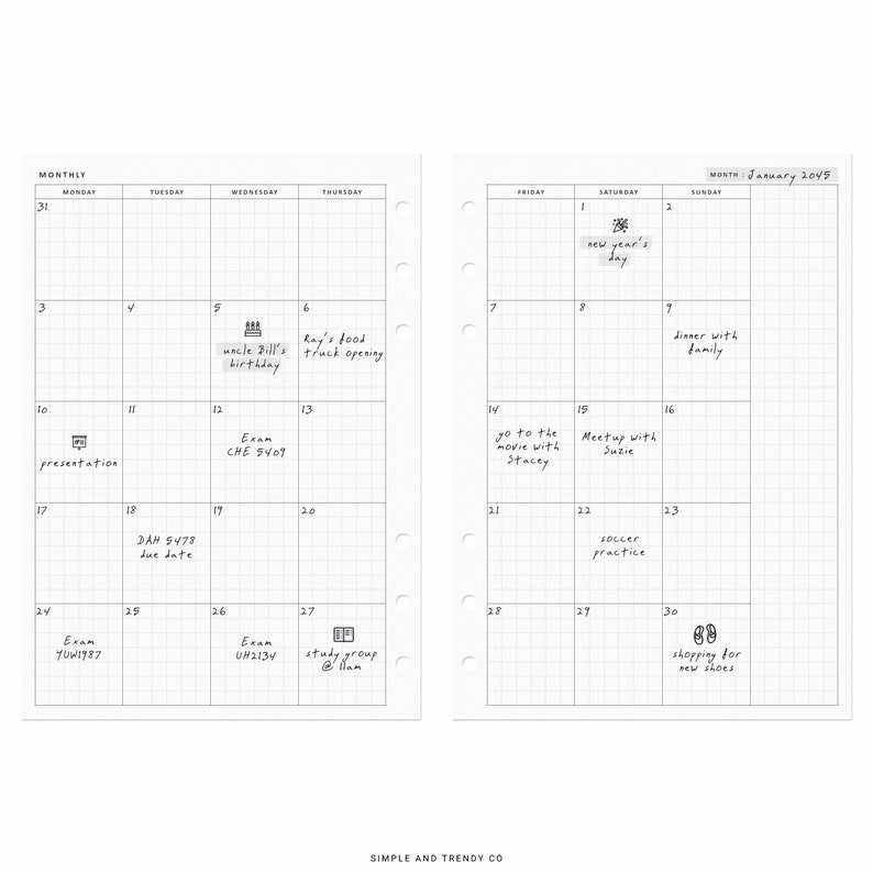May include: A monthly planner with a grid layout for January 2018. The planner has handwritten notes for each day of the month, including events like "uncle Bill's birthday", "Ray's food truck opening", "Exam CHE 9409", "DAH 5478 due date", "Exam YUW1987", "Exam UH2134", "study group @ 11am", "go to the movie with Stacey", "Meetup with Suzie", "dinner with family", "soccer practice", and "shopping for new shoes".