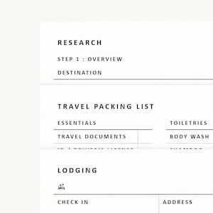 May include: A white paper travel planning document with black text. Sections include RESEARCH, STEP 1: OVERVIEW, DESTINATION, TRAVEL PACKING LIST, ESSENTIALS, TOILETRIES, TRAVEL DOCUMENTS, BODY WASH, ID / DRIVER'S LICENCE, SHAMPOO, LODGING, CHECK IN, and ADDRESS.