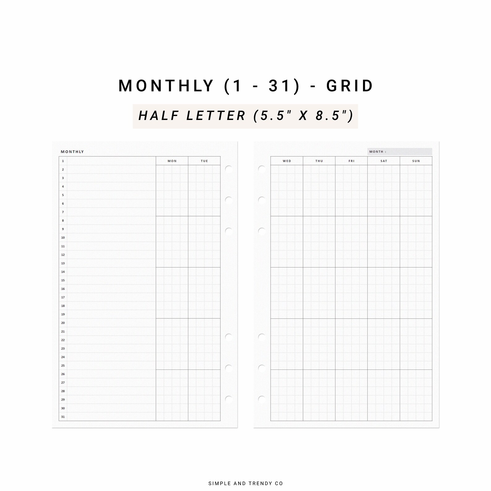 Monthly Planner Printable Half Size Half Letter Inserts - Etsy