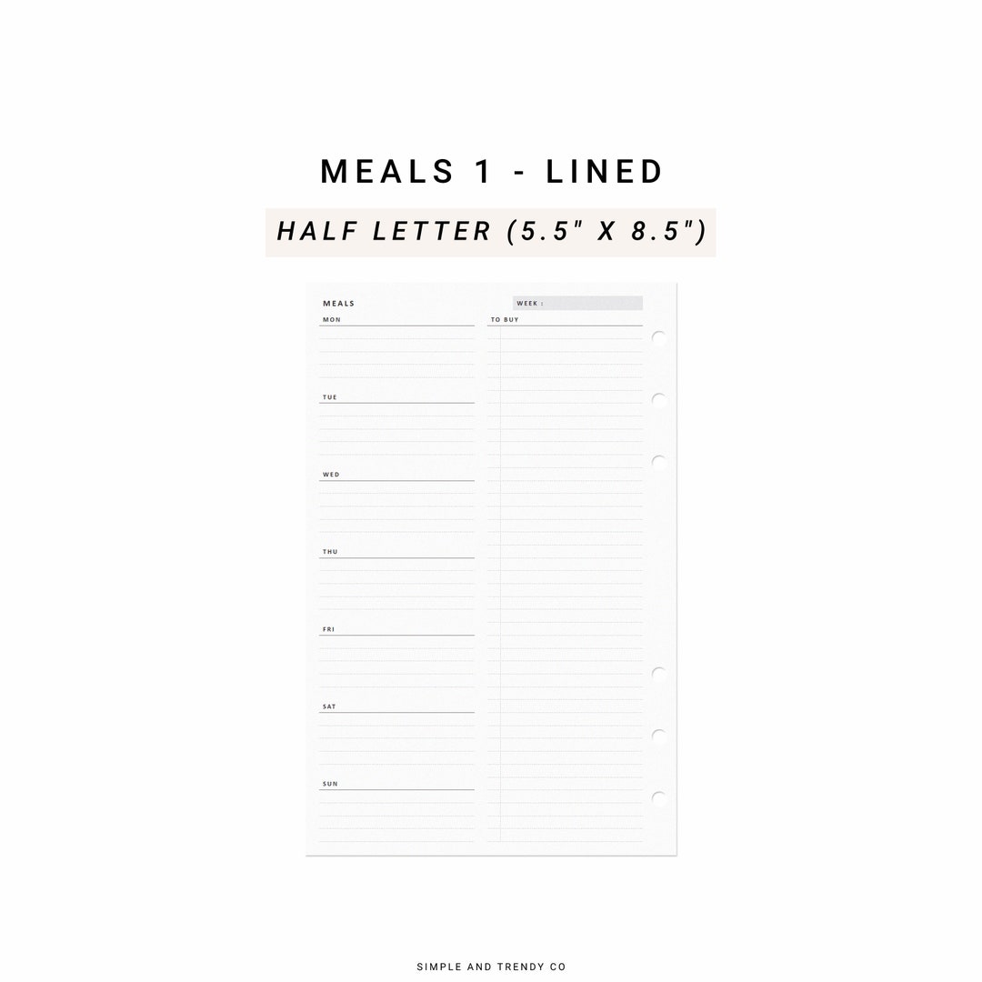 Meal Planner Half Size Half Letter Inserts, Weekly Meal Plan Template ...