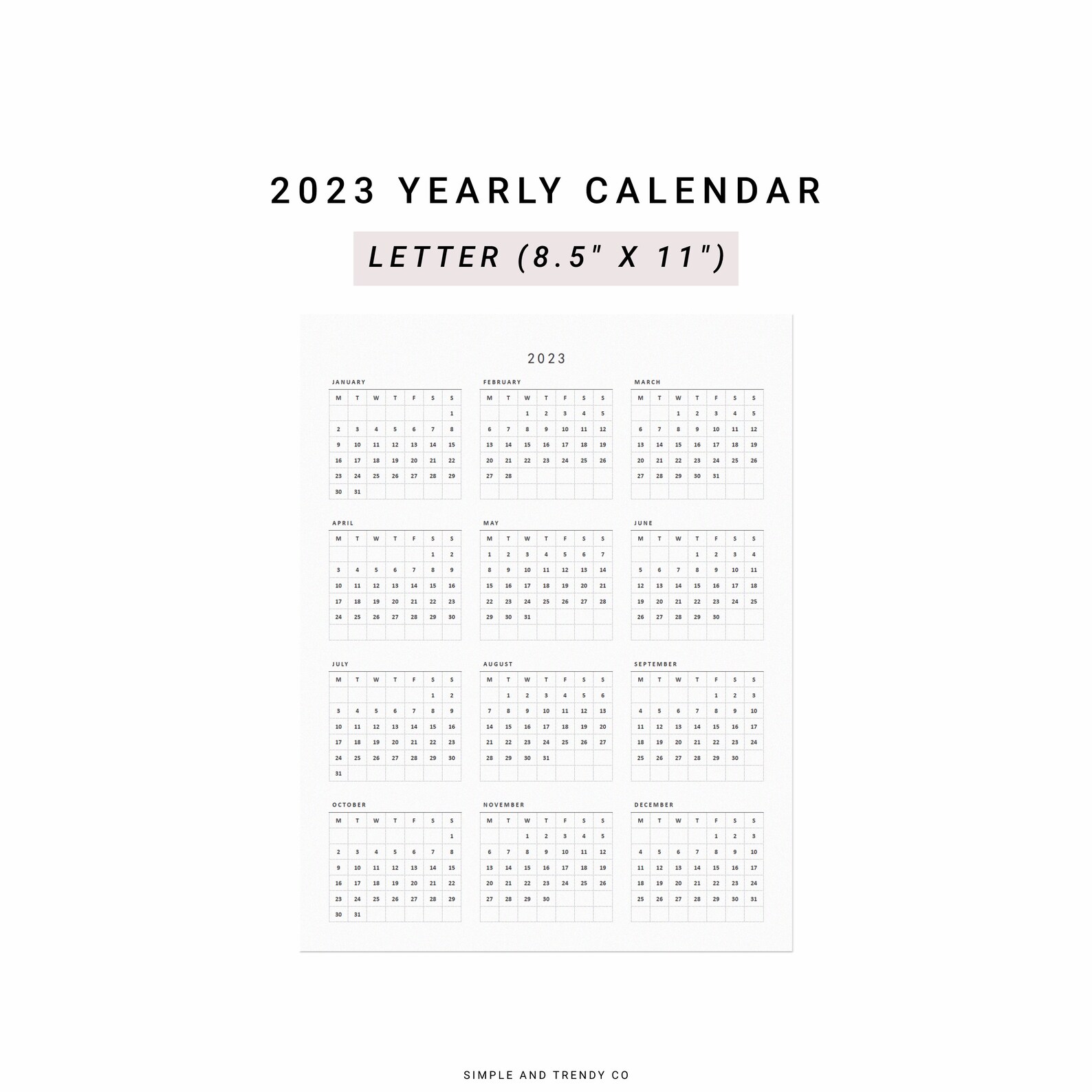 2023 Calendar US Letter Size 2023 Year at A Glance 2023 Etsy