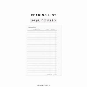 Reading List, Printable A6 size, Book List, Reading Planner, Reading Tracker, Reading Log, Book Tracker, Book Log