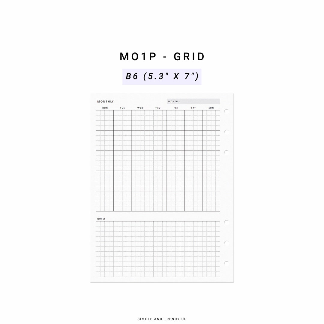 Month on One Page MO1P B6 Inserts Undated Monthly Planner - Etsy