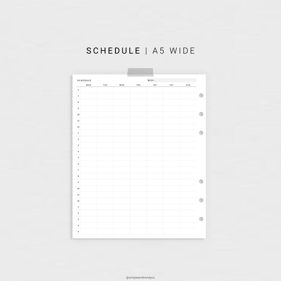 a5 wide weekly 24 hour schedule printable class schedule etsy