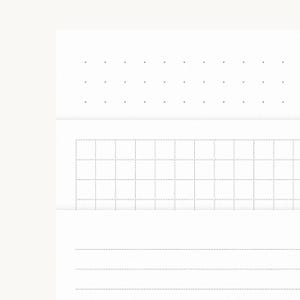 Peut inclure: Une feuille de papier blanche présentant trois sections distinctes pour l'écriture et l'organisation. La section supérieure affiche une grille de points, la section centrale contient un quadrillage et la section inférieure se compose de lignes horizontales.