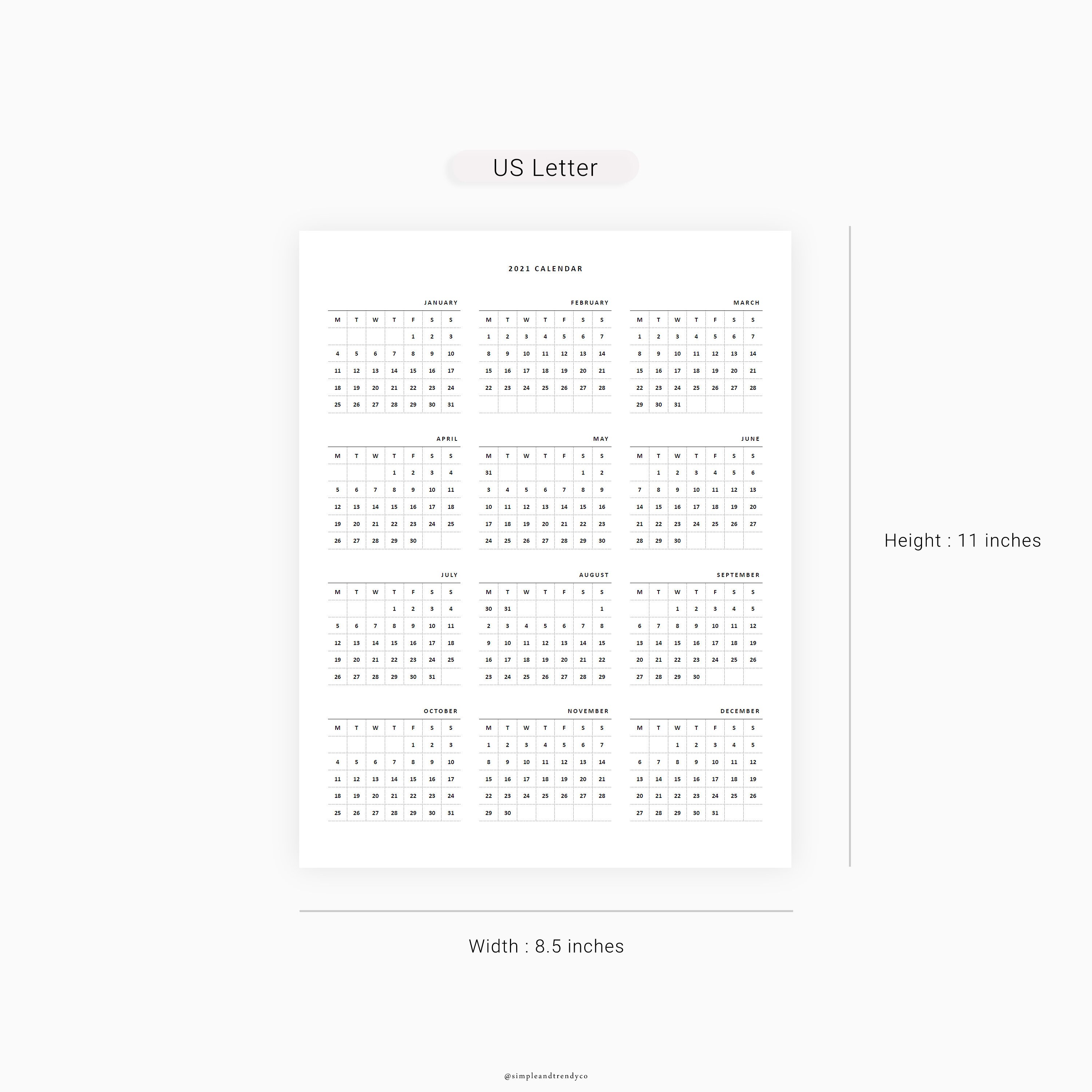 A4 US Letter size Calendar Printable 2021 Calendar Sunday Etsy
