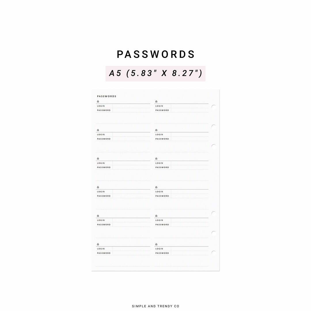 Printable Password Log A5 Planner Inserts, Password Keeper Password ...