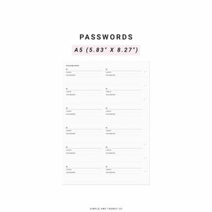 Printable Password Log A5 Planner Inserts, Password Keeper Password Organizer, Password Template Insert, Password Sheets Password Tracker