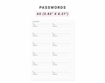 Printable Password Log A5 Planner Inserts, Password Keeper Password Organizer, Password Template Insert, Password Sheets Password Tracker