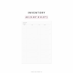 May include: A white A5 inventory planner insert measuring 5.83 inches by 8.27 inches. The page features a header labeled INVENTORY, a category field, and columns for DATE, ITEM, QTY, and NOTES. Six circular binder holes are along the right edge.