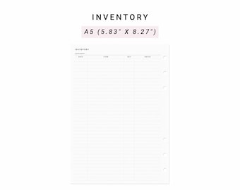 Könnte beinhalten: Ein weißes A5-Inventar-Planerblatt mit den Maßen 14,8 cm mal 21 cm. Die Seite enthält eine Überschrift INVENTORY, ein Kategoriefeld sowie Spalten für DATE, ITEM, QTY und NOTES. Sechs runde Ringbuchlöcher befinden sich am rechten Rand.
