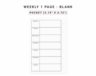 Puede incluir: Una página de inserción de agenda semanal blanca con texto negro WEEKLY 1 PAGE - BLANK POCKET (8,1 cm x 11,99 cm). La página presenta seis secciones horizontales etiquetadas de lunes a domingo, con seis agujeros circulares en el borde derecho.