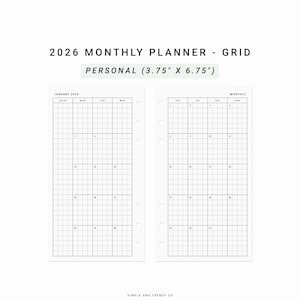 Op de afbeelding: Een witte 2026 maandplanner met raster met de tekst "2026 MONTHLY PLANNER - GRID PERSONAL (9,5 cm x 17,1 cm)". De planner heeft een rasterindeling voor elke dag van de maand. De tekst "JANUARY 2026" staat bovenaan.