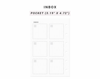 May include: A white planner insert labeled INBOX POCKET (3.19" X 4.72") featuring six rectangular boxes arranged in two columns. The page includes a vertical row of six circular binder holes along the right edge and the text INBOX at the top.