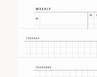 May include: A white paper weekly planner page featuring black text and grid lines. The layout includes headers for WEEKLY, TUESDAY, and THURSDAY, with sections marked by the letter M and a grid pattern for organized daily scheduling and notes.
