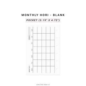 Month on One Page Horizontal Printable MO1P Pocket size