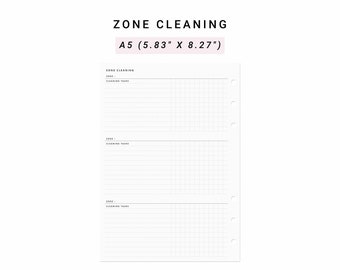 Zone Cleaning A5 Planner Inserts, Cleaning Zones Printable, Insert for Cleaning Routine, Track Chores Routine, Cleaning Agenda Plan Template