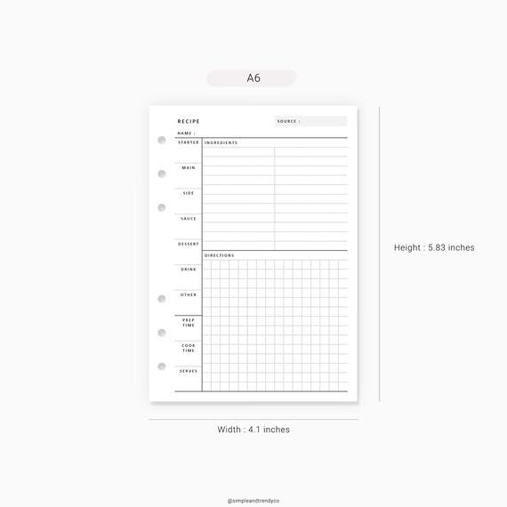 Reference Planner Printable Planner Insert A6 Recipe Planner A6 Size Planner Printable Kitchen ...