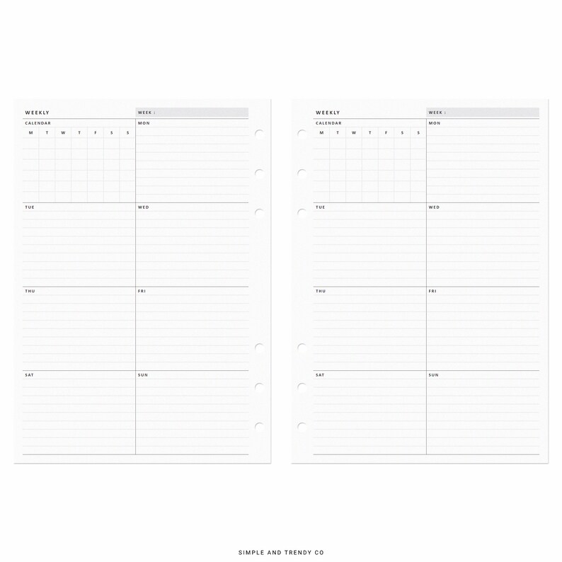 Week on One Page Printable A5 Planner Inserts Weekly 1 Page - Etsy