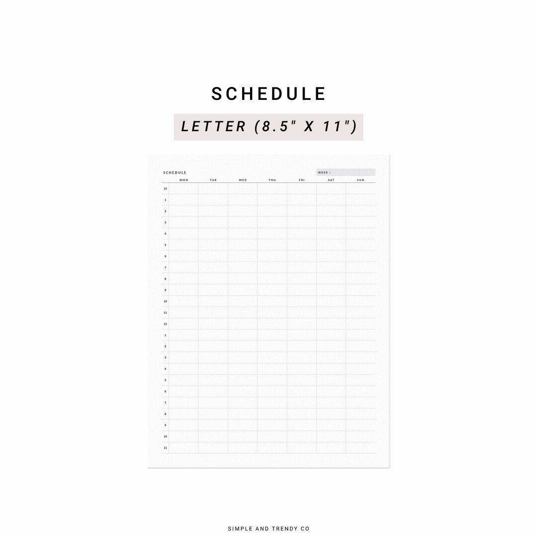 Weekly 24 Hour Schedule Printable US Letter Size Class Schedule School Weekly 24 hour schedule printable us letter size class schedule school