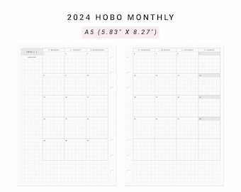 2024 Monthly Planner A5 Planner Inserts, Hobonichi Month on two pages, Month at a glance, Monthly Layout