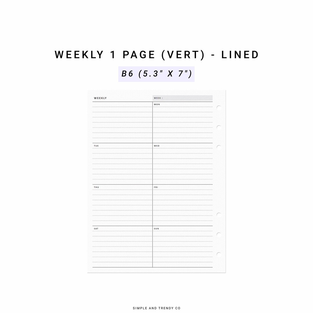 Week on One Page Printable B6 Inserts, Weekly 1 Page Vertical Weekly ...