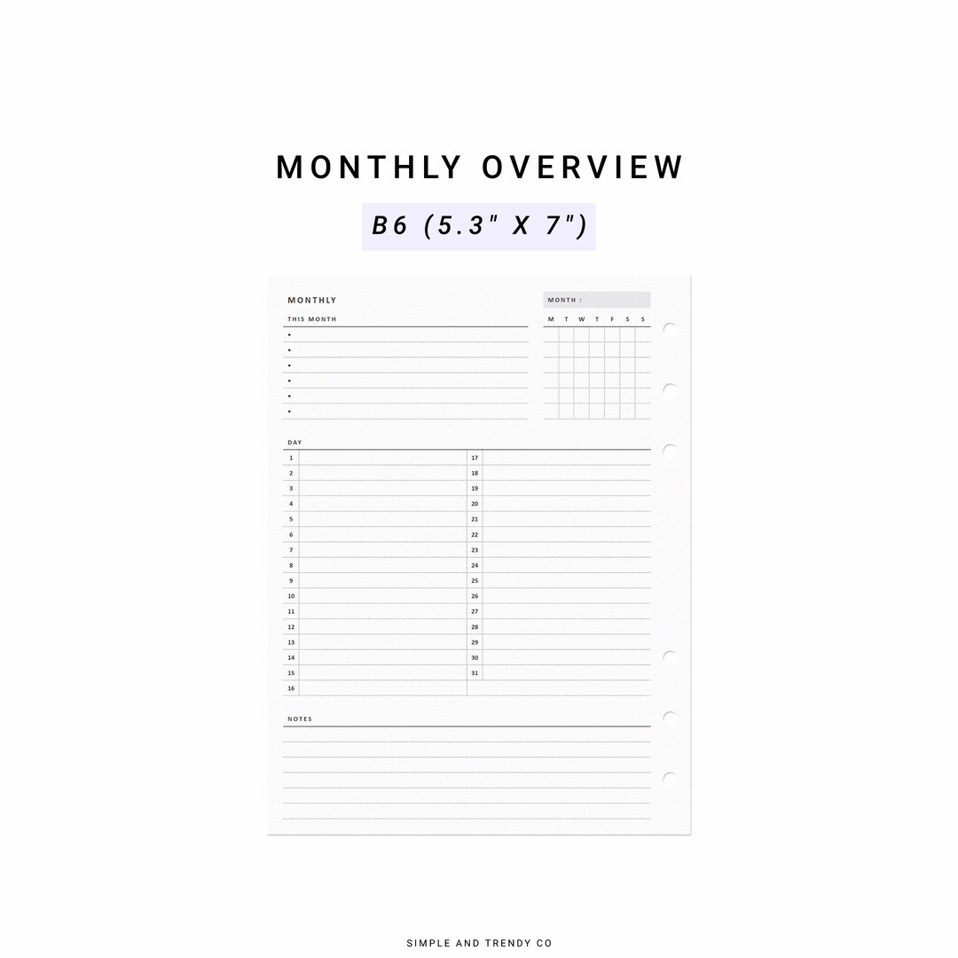 Monthly Overview Printable B6 Size, Month on a Page, Month at a Glance ...