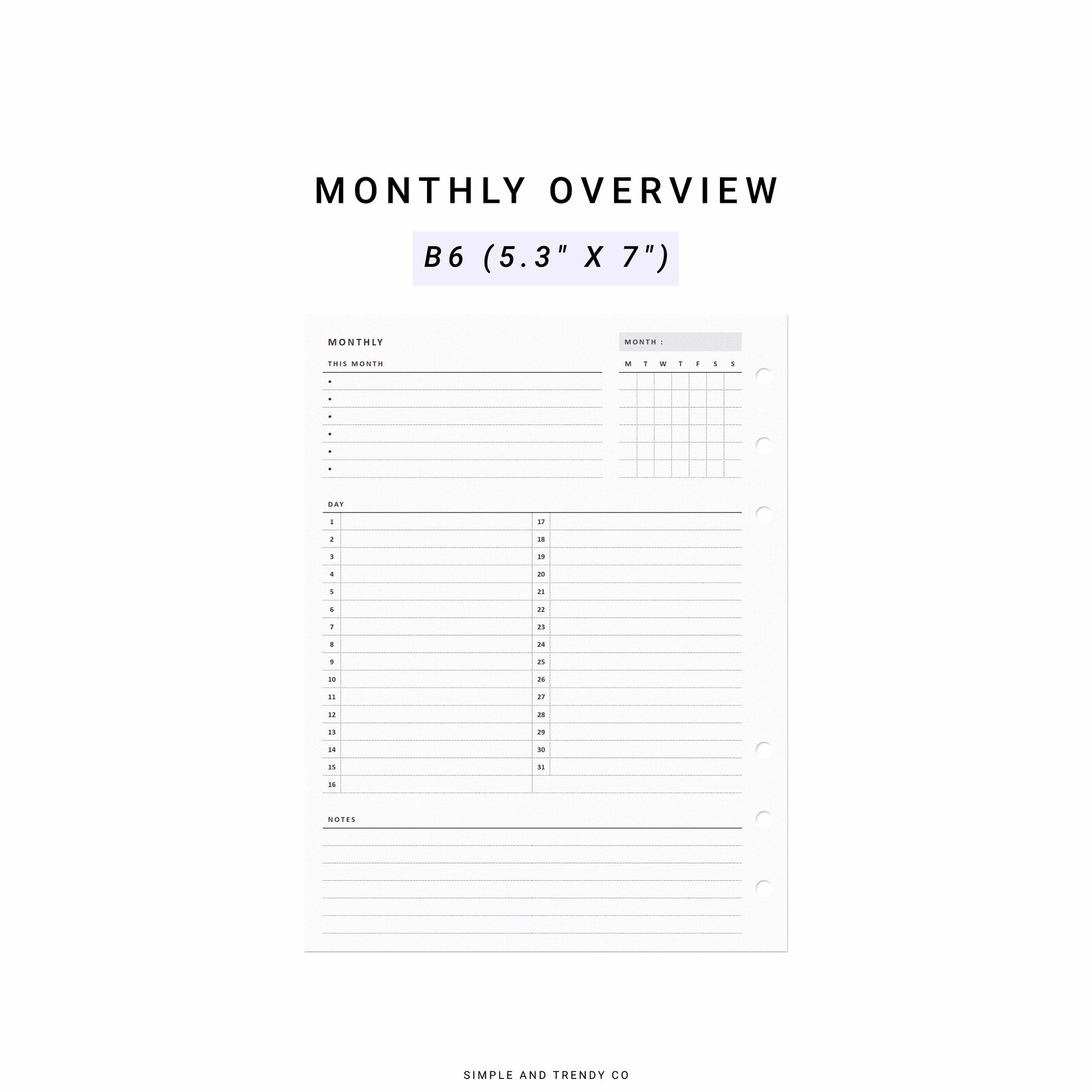 Monthly Overview Printable B6 Size Month on a Page Month at - Etsy