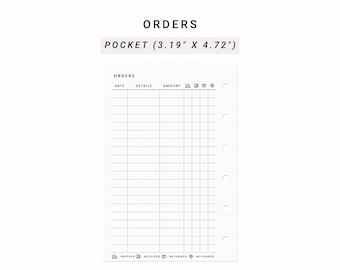 May include: A white planner insert for orders measuring 3.19 inches by 4.72 inches. The page features a grid with columns for date, details, and amount, plus icons for shipping status. Six circular holes are punched along the right side for binding.