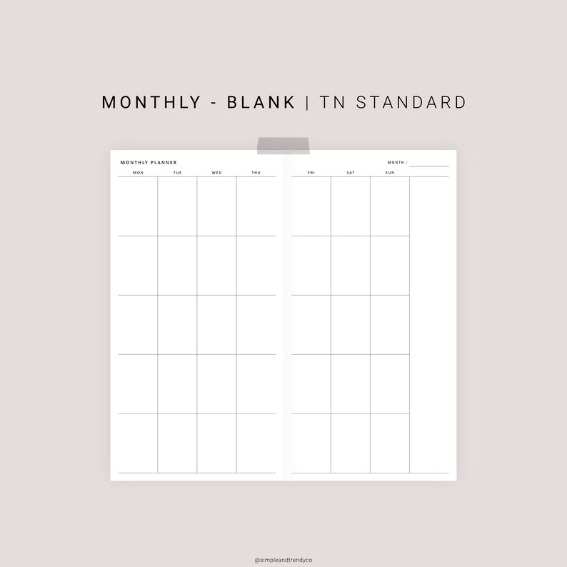 Monthly Planner Printable Minimalist TN Standard Undated | Etsy