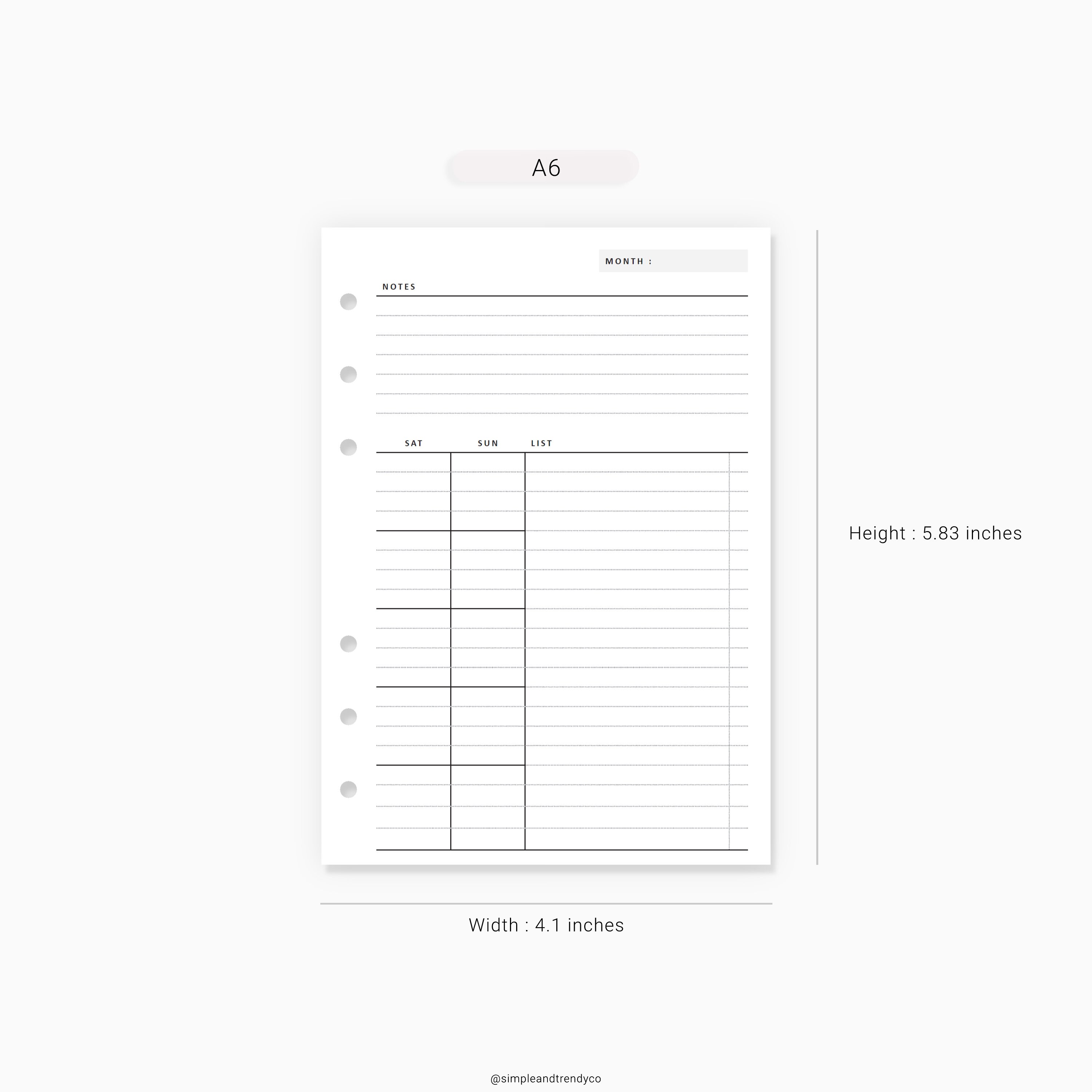 Monthly Planner A6 Inserts Printable Monthly Notes Monthly | Etsy