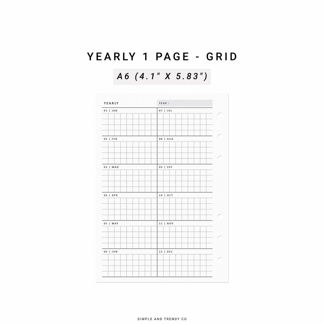 Year at A Glance A6 Inserts Yearly 1 Page Yearly Planner - Etsy