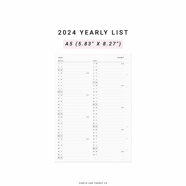 2024 Yearly Planner, A5 Planner Inserts, Printable Yearly List, Yearly Agenda, Year at a glance, Annual Planner