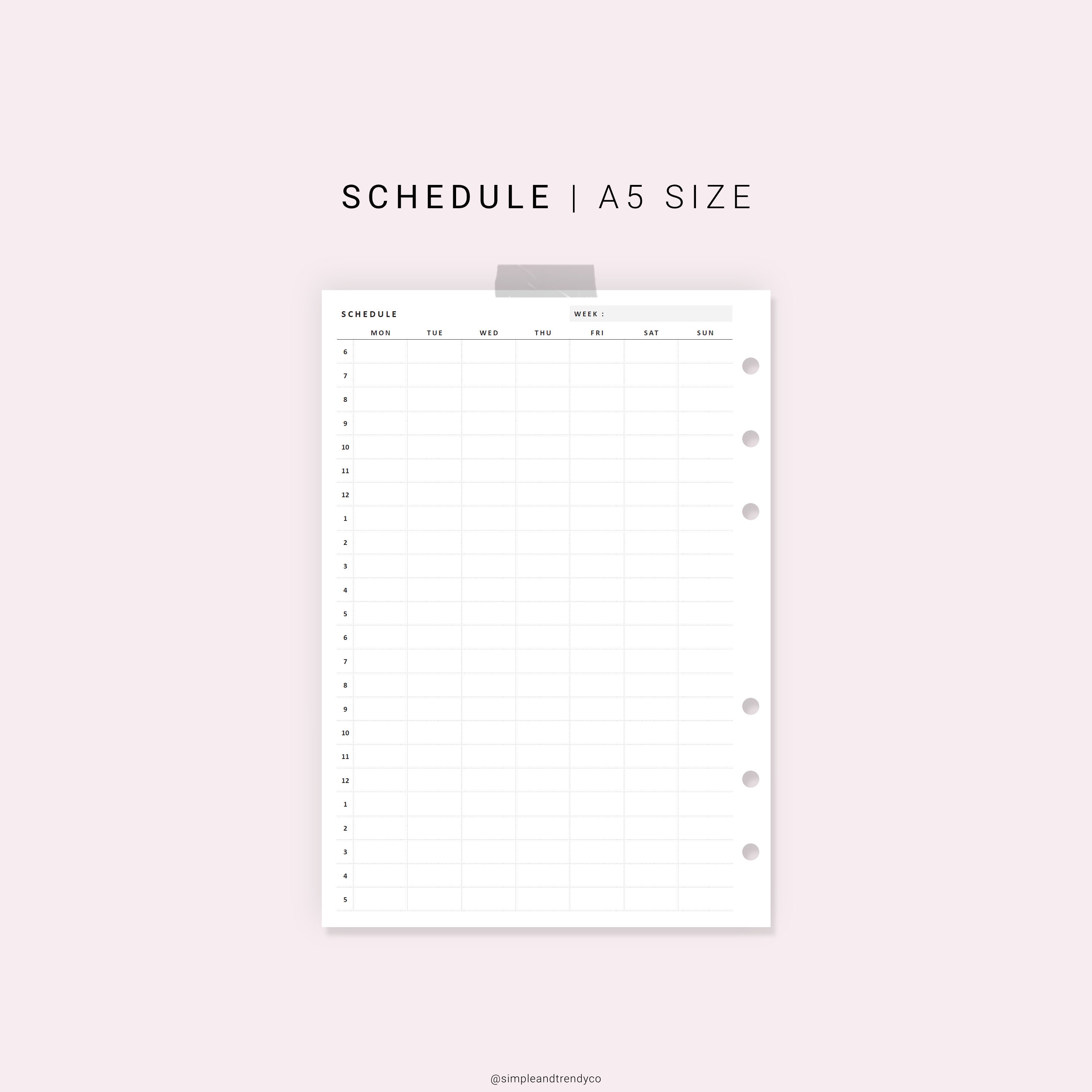 weekly 24 hour schedule printable a5 planner inserts class etsy
