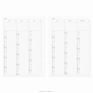 May include: A black and white printable planner for the year 2026. The planner is divided into monthly sections, with each month having a grid layout for daily planning. The months included are April, May, June, July, August, and September. The planner is designed by Simple and Trendy Co.